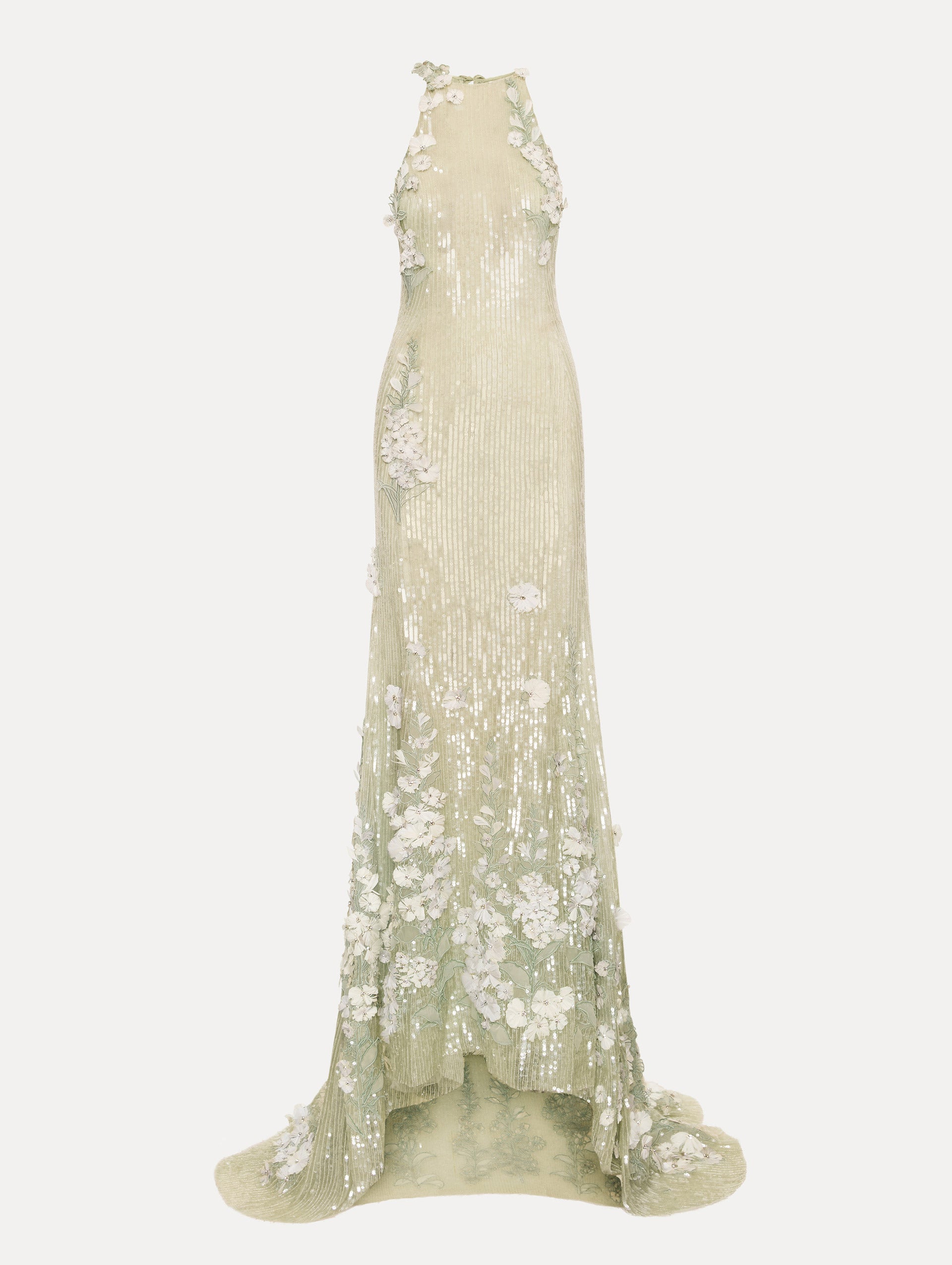 Light green ombre Foxglove Embroidered Sequin Tulle Gown with high sleeveless neckline and floral applique.