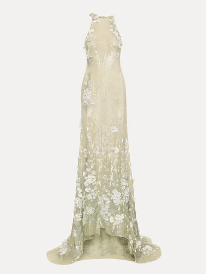 Light green ombre Foxglove Embroidered Sequin Tulle Gown with high sleeveless neckline and floral applique.