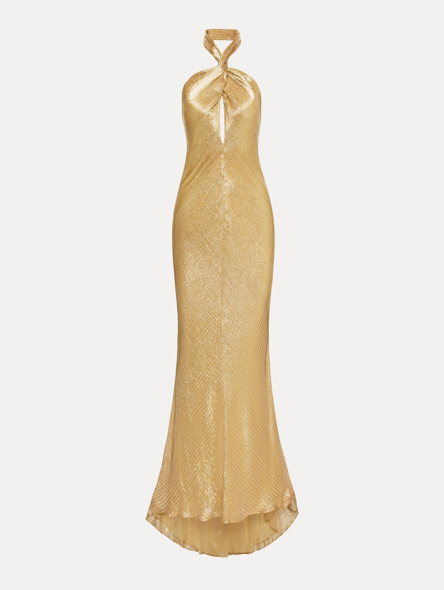 Gold Bugle Bead Lamé Gown with halter neck and key hole.
