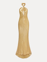 Gold Bugle Bead Lamé Gown with halter neck and key hole.