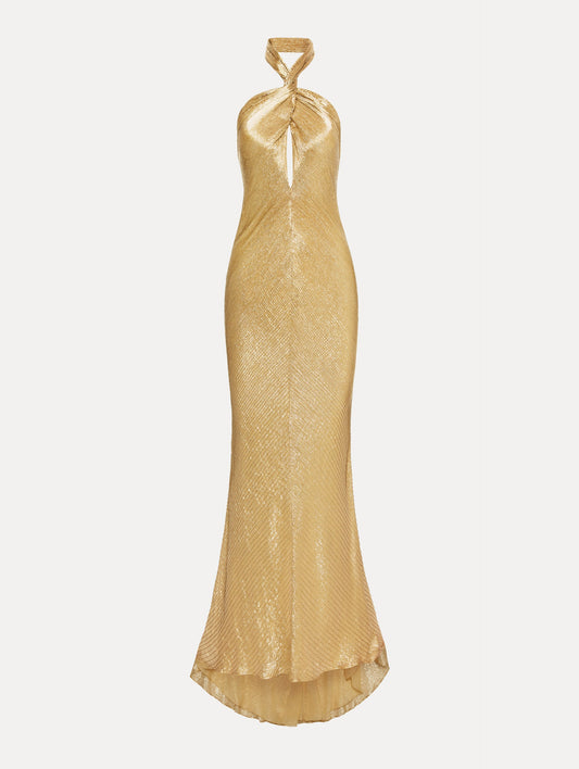 Gold Bugle Bead Lamé Gown with halter neck and key hole.