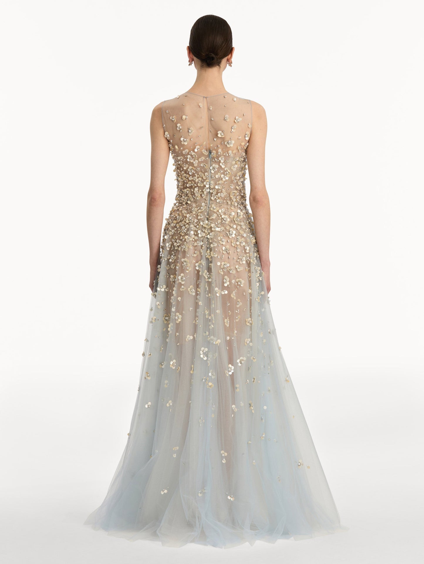 Tan and pale blue Embroidered Illusion Gown with flowing embellished skirt and scattered floral appliques. Back View.