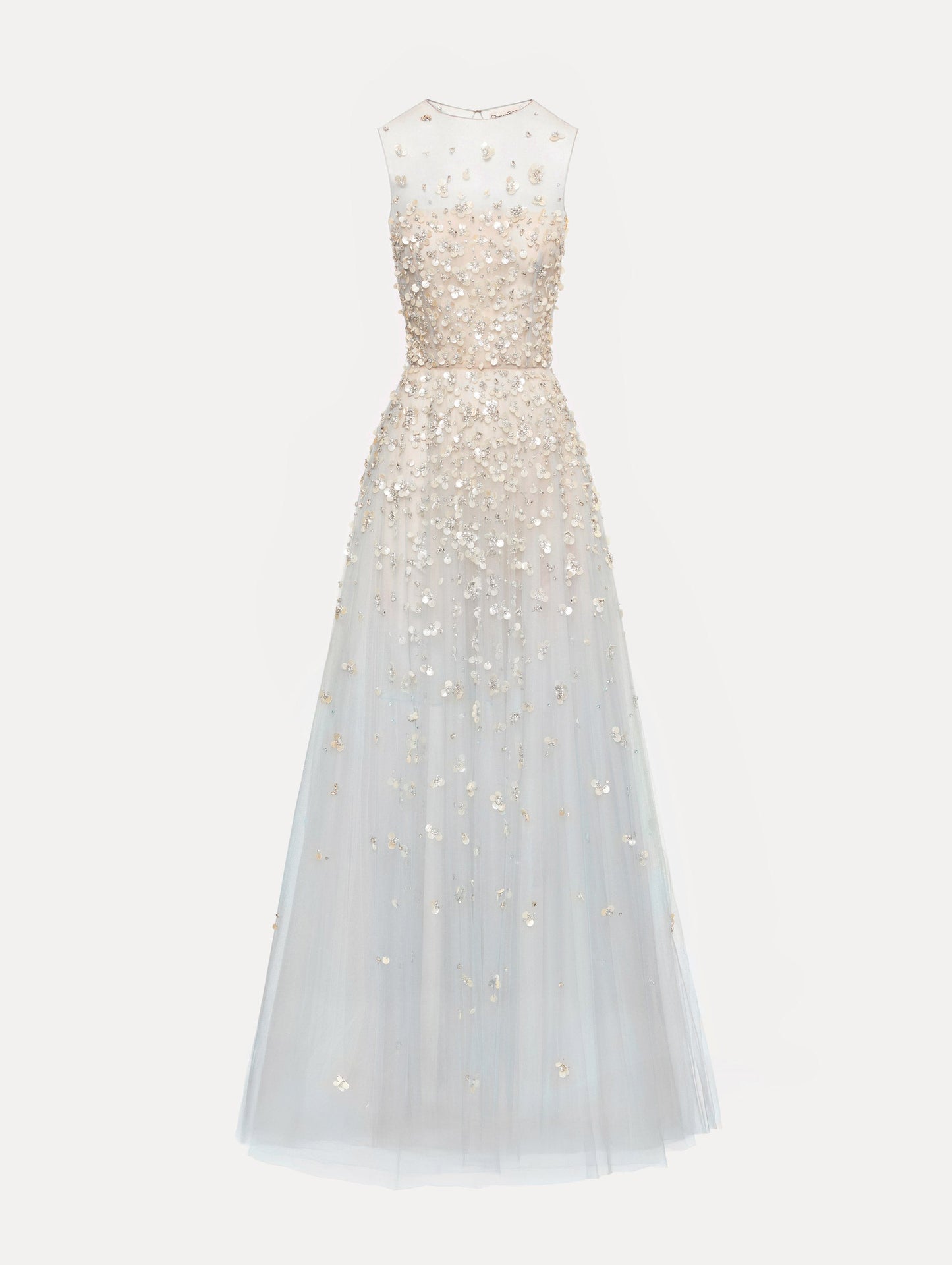 Tan and pale blue Embroidered Illusion Gown with flowing embellished skirt and scattered floral appliques.