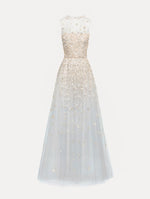 Tan and pale blue Embroidered Illusion Gown with flowing embellished skirt and scattered floral appliques.