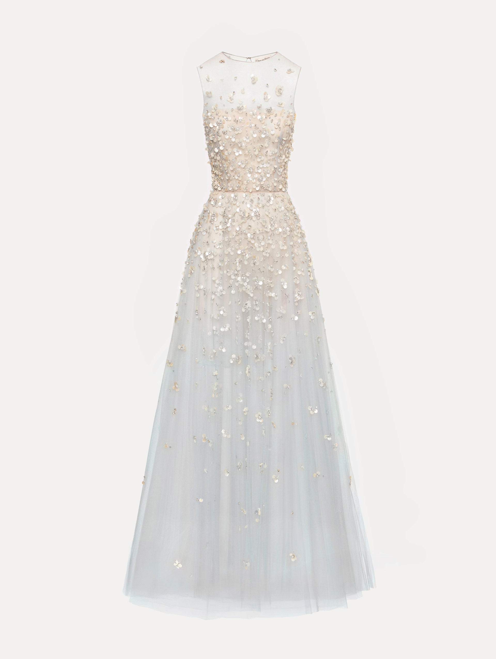 Tan and pale blue Embroidered Illusion Gown with flowing embellished skirt and scattered floral appliques.