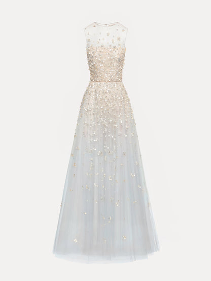 Tan and pale blue Embroidered Illusion Gown with flowing embellished skirt and scattered floral appliques.