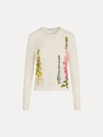 White Foxglove Threadwork Cardigan with climbing yellow and pink floral applique. Front View.