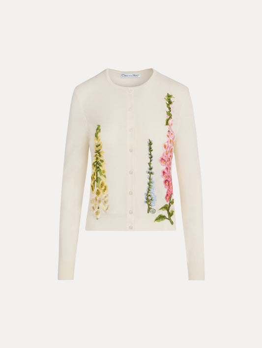 White Foxglove Threadwork Cardigan with climbing yellow and pink floral applique. Front View.