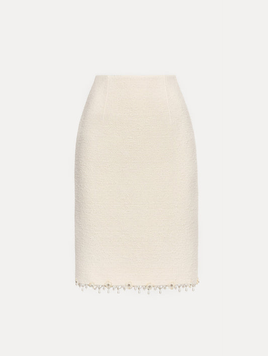 White Floral Jeweled Fringe Tweed Skirt featuring a fitted silhouette with jeweled applique along hem.