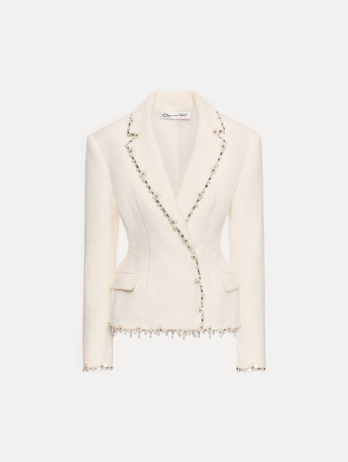 White Floral Jeweled Fringe Tweed Jacket featuring a fitted silhouette with jeweled applique along hems.