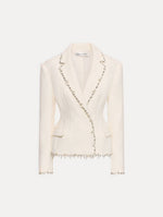White Floral Jeweled Fringe Tweed Jacket featuring a fitted silhouette with jeweled applique along hems.