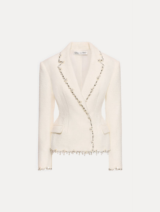 White Floral Jeweled Fringe Tweed Jacket featuring a fitted silhouette with jeweled applique along hems.