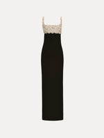 Black Embroidered Sleeveless Gown with a form fitting, floor length silhouette and an embellished bodice.