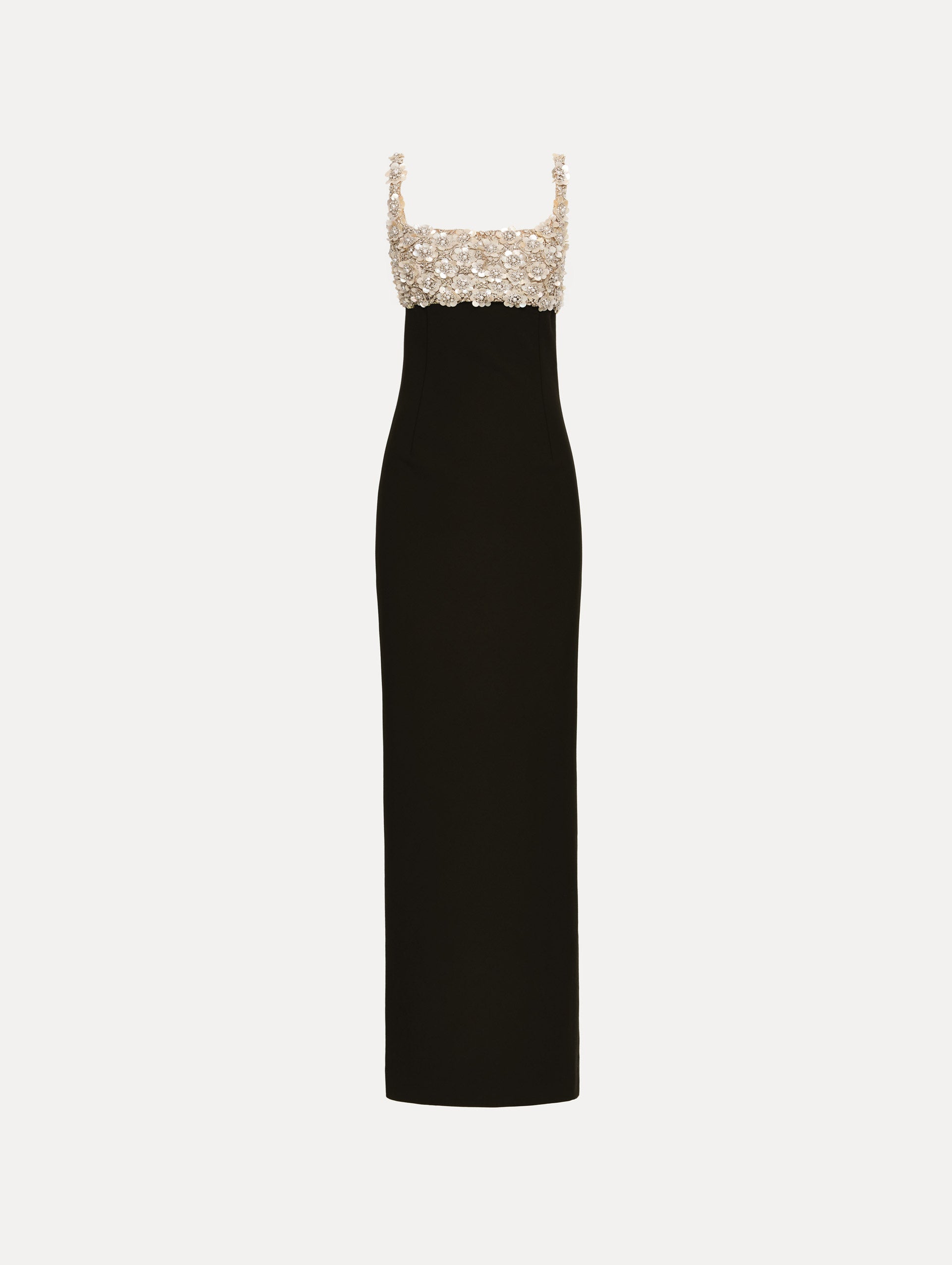 Black Embroidered Sleeveless Gown with a form fitting, floor length silhouette and an embellished bodice.