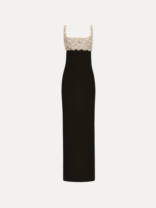 Black Embroidered Sleeveless Gown with a form fitting, floor length silhouette and an embellished bodice.