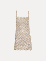 Beige Embroidered Shift Dress with floral applique and thin straps. Front View.