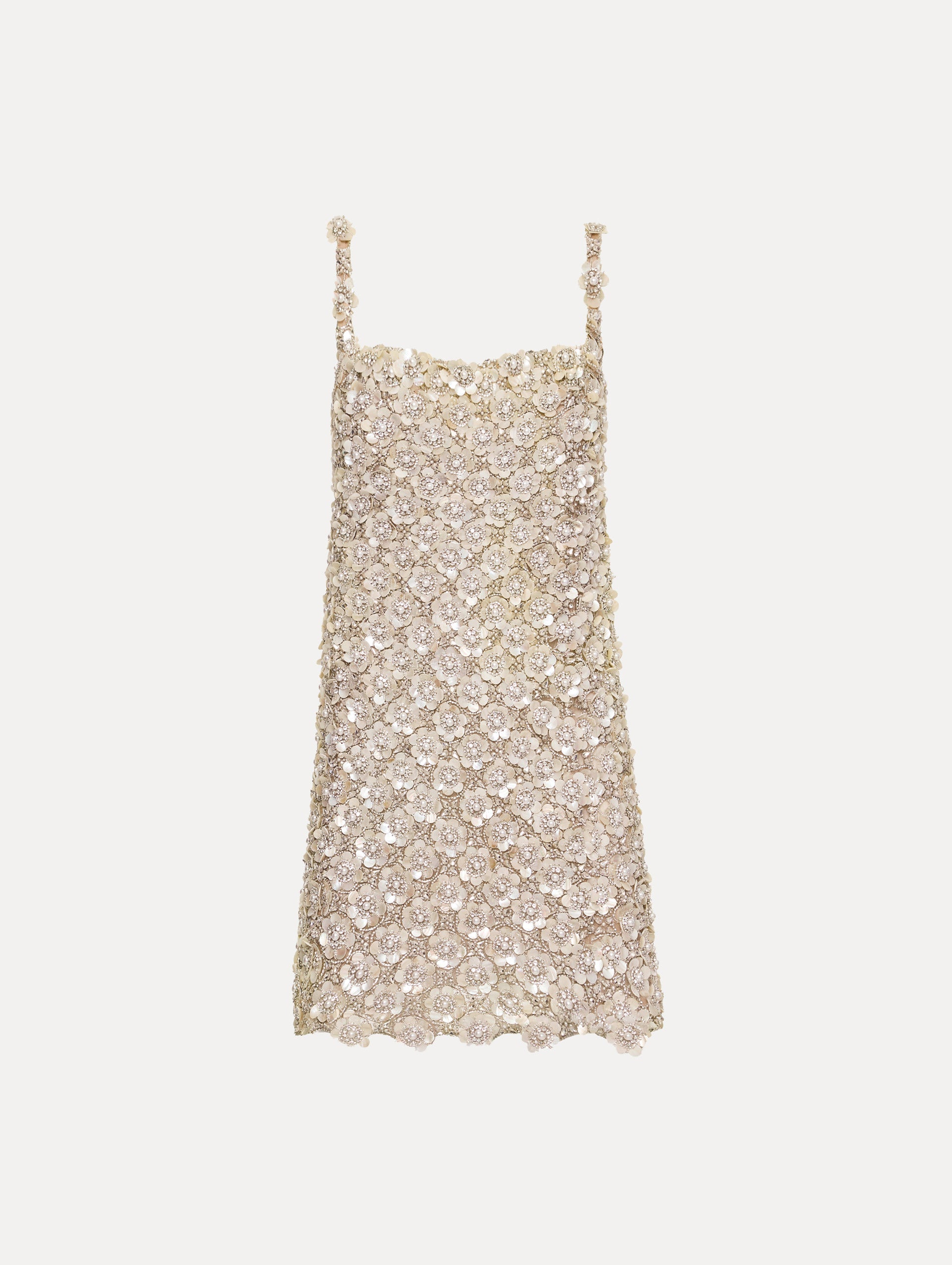 Beige Embroidered Shift Dress with floral applique and thin straps. Front View.
