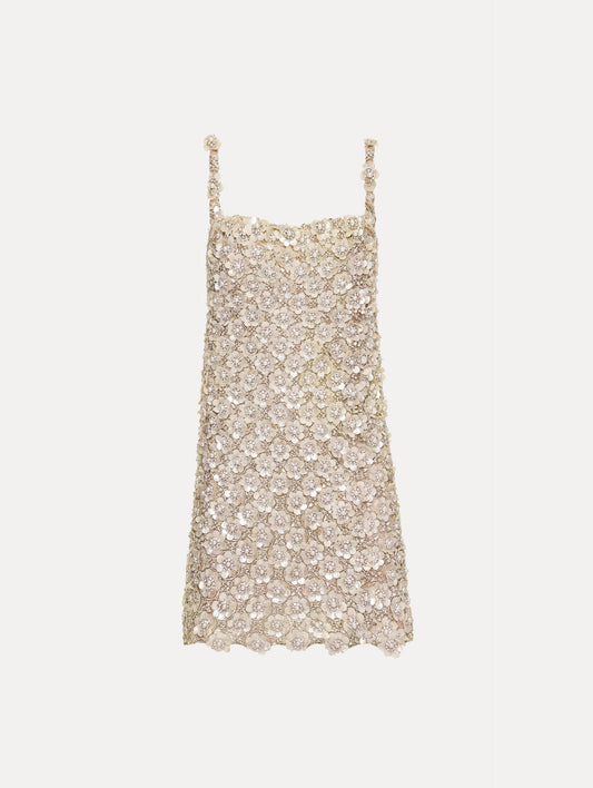Beige Embroidered Shift Dress with floral applique and thin straps. Front View.