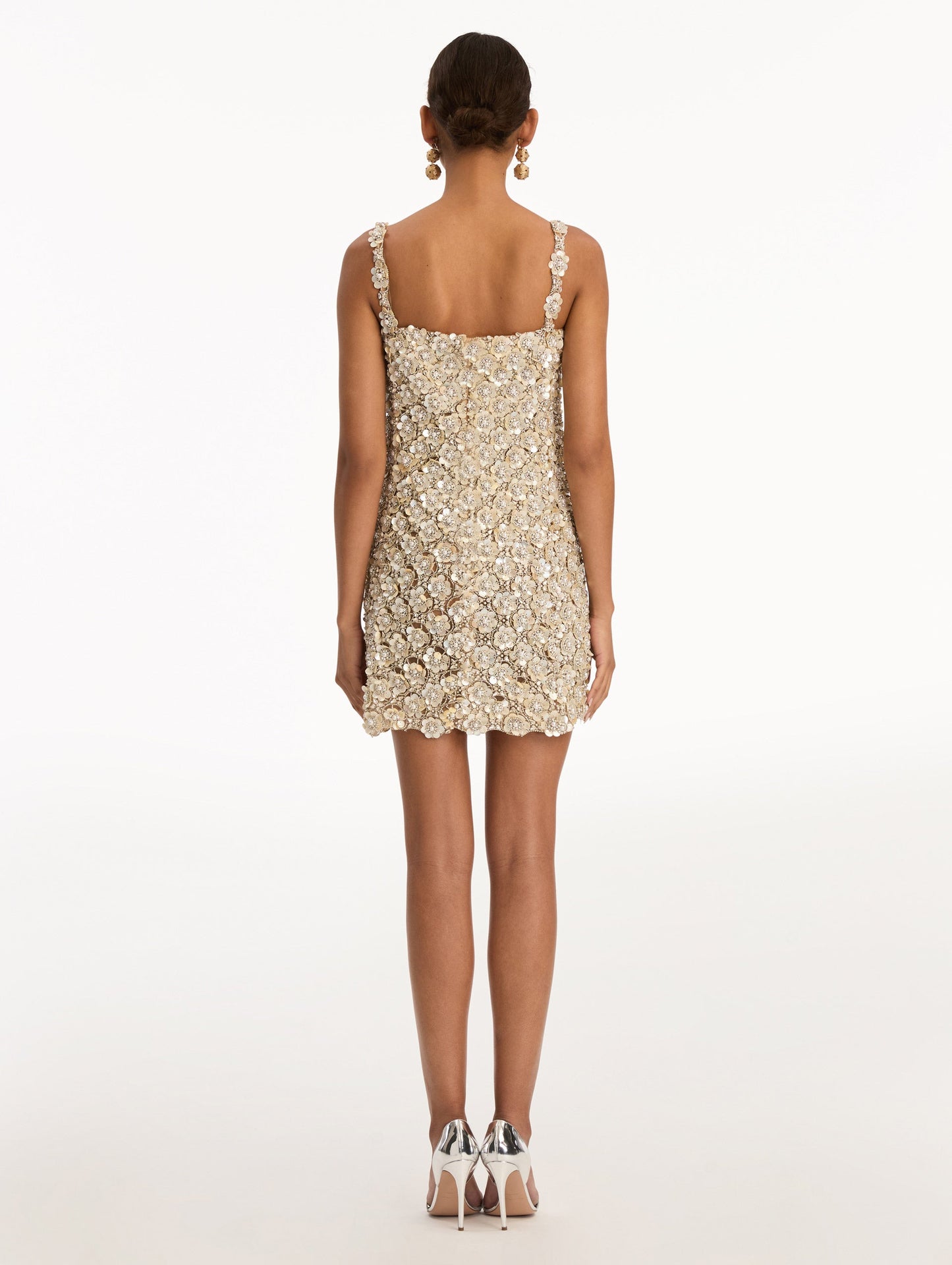 Beige Embroidered Shift Dress with floral applique and thin straps. Back View.