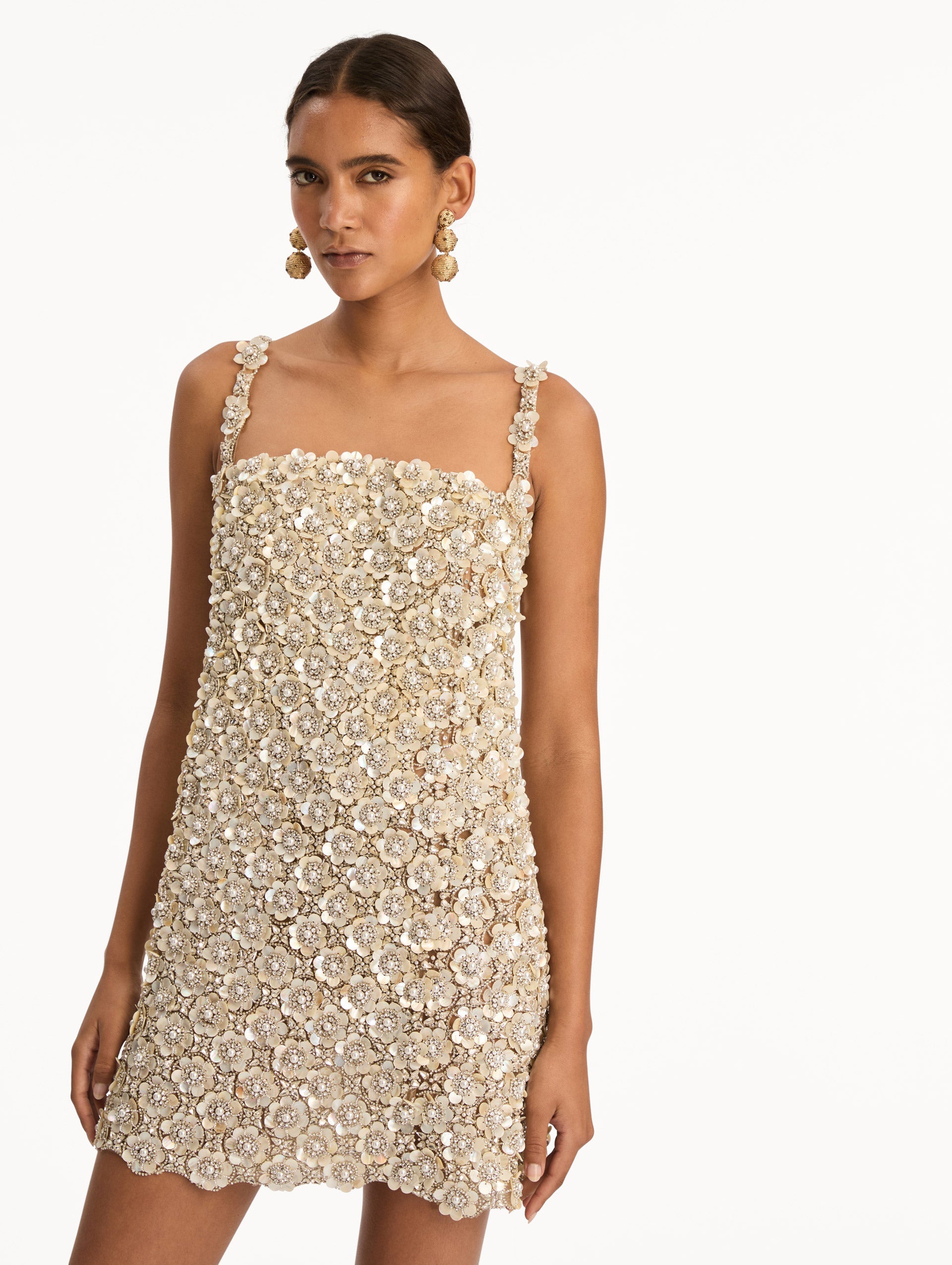 Beige Embroidered Shift Dress with floral applique and thin straps. Zoom View.