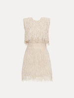 Ivory Pearl Fringe Cocktail Dress featuring a fitted silhouette with cascading beaded fringe embellishments. Front View.