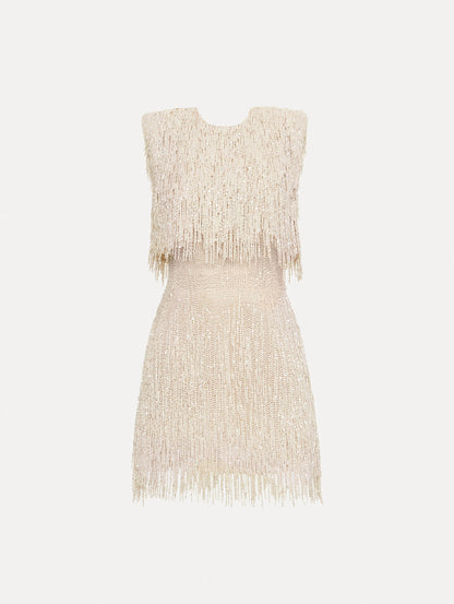 Ivory Pearl Fringe Cocktail Dress featuring a fitted silhouette with cascading beaded fringe embellishments. Front View.