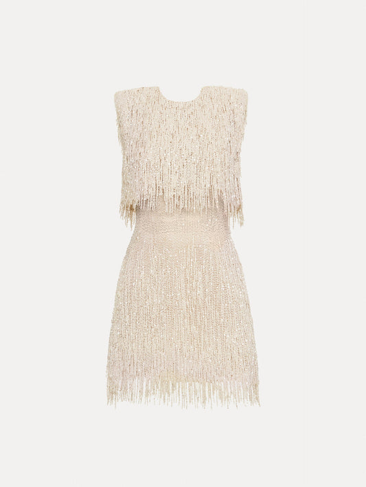 Ivory Pearl Fringe Cocktail Dress featuring a fitted silhouette with cascading beaded fringe embellishments. Front View.