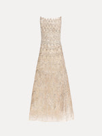 Beige Crystal Wave Embroidered Dress with strapless wave neckline and sheer metallic finish.