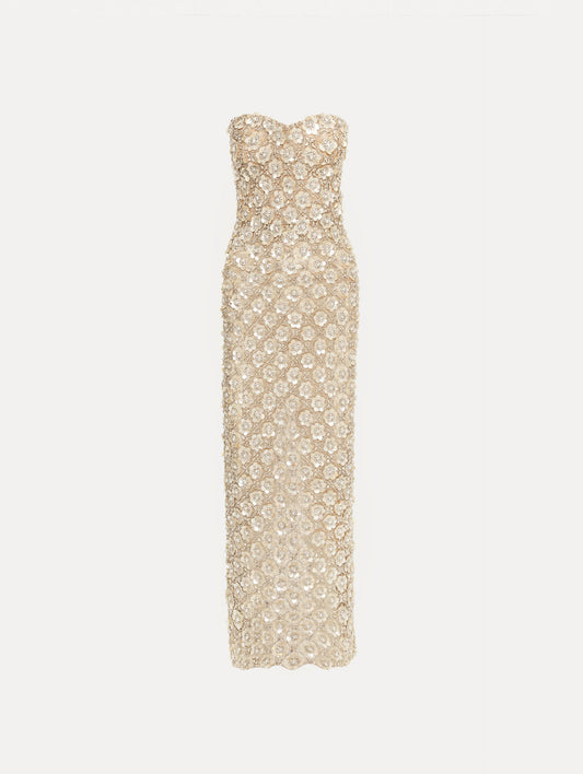 Ivory and Gold Embroidered Column Gown with allover crystal embellishments.