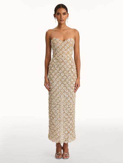 Ivory and Gold Embroidered Column Gown with allover crystal embellishments. Front View.