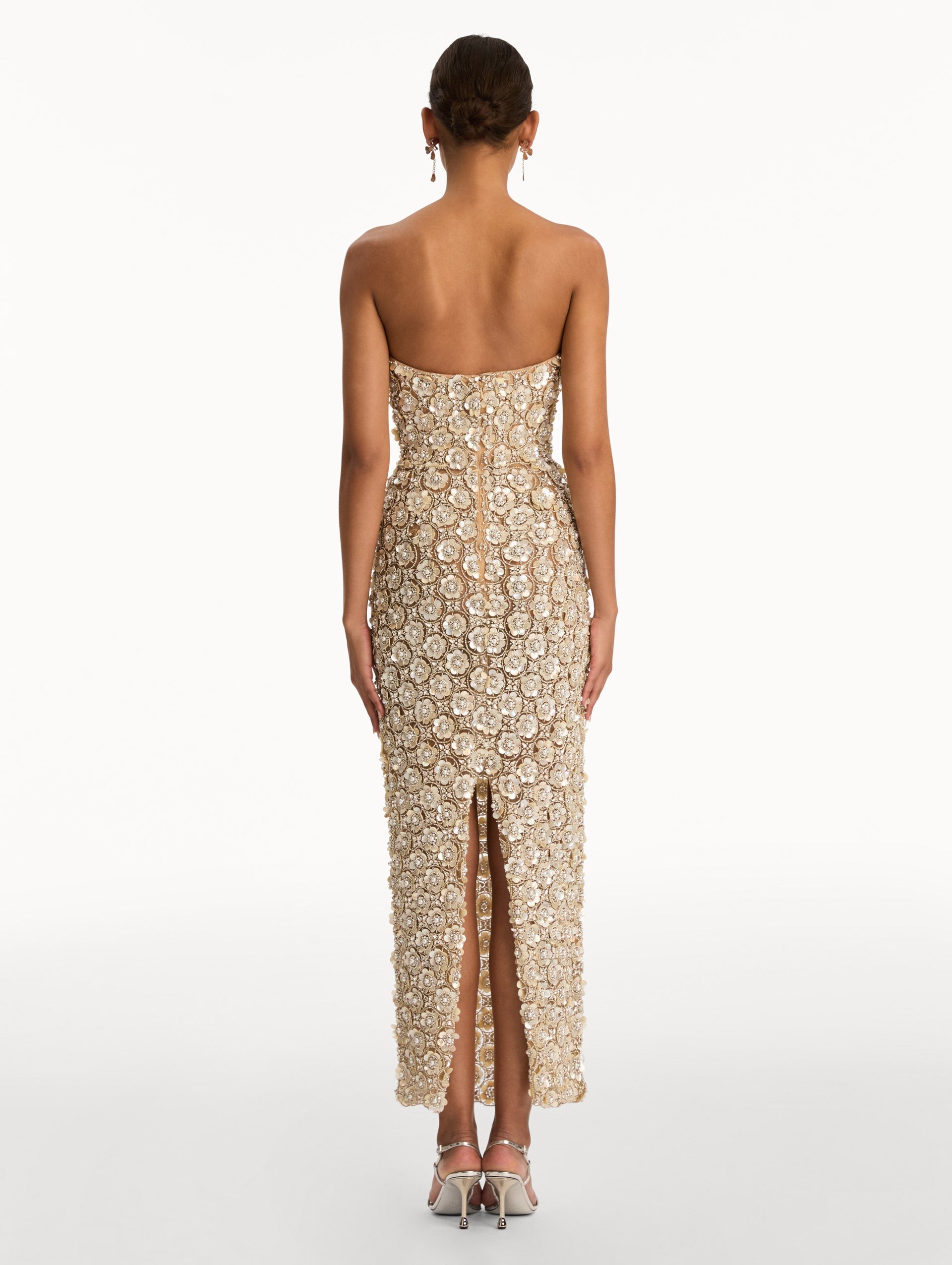 Ivory and Gold Embroidered Column Gown with allover crystal embellishments. Back View.