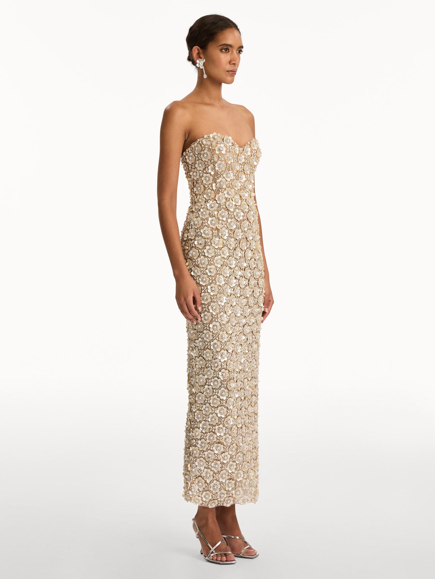 Ivory and Gold Embroidered Column Gown with allover crystal embellishments. Side View.