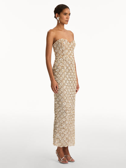 Ivory and Gold Embroidered Column Gown with allover crystal embellishments. Side View.