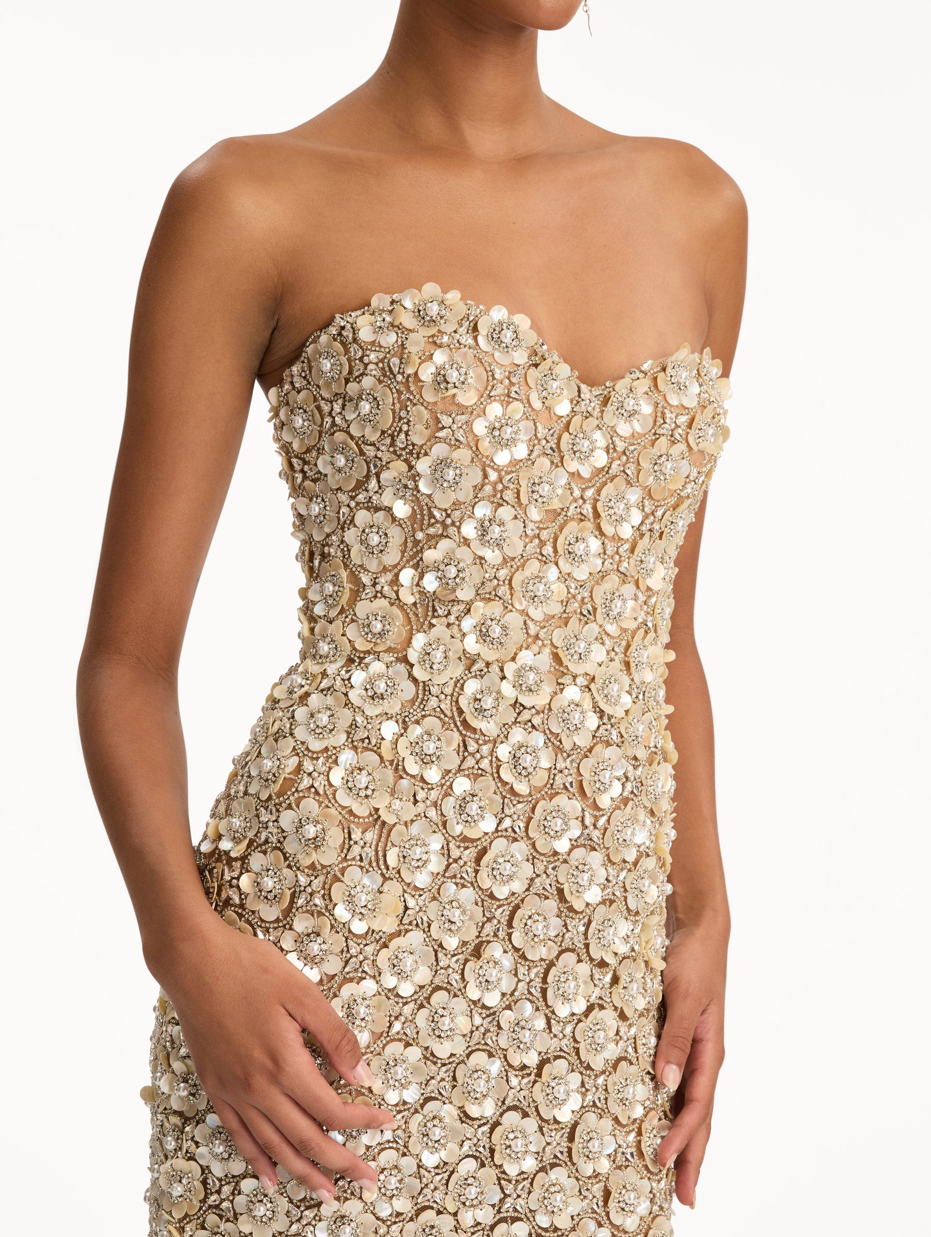 Ivory and Gold Embroidered Column Gown with allover crystal embellishments. Zoom View.