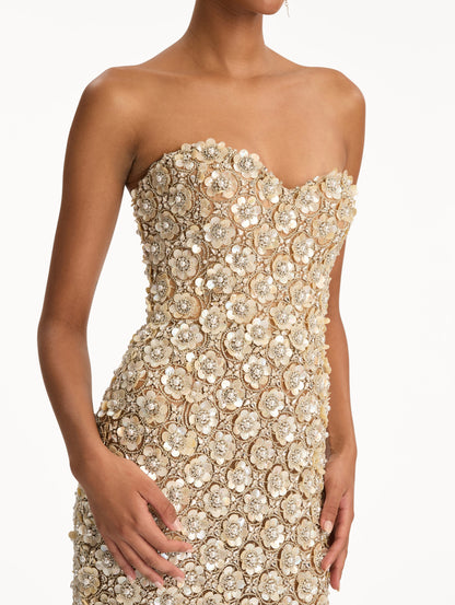 Ivory and Gold Embroidered Column Gown with allover crystal embellishments. Zoom View.