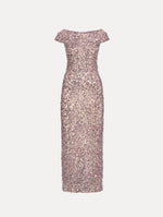 Beige Mosaic Crystal Embroidered Gown with a fitted silhouette and cap sleeves. Front View.