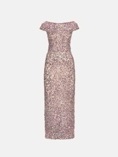 Beige Mosaic Crystal Embroidered Gown with a fitted silhouette and cap sleeves. Front View.