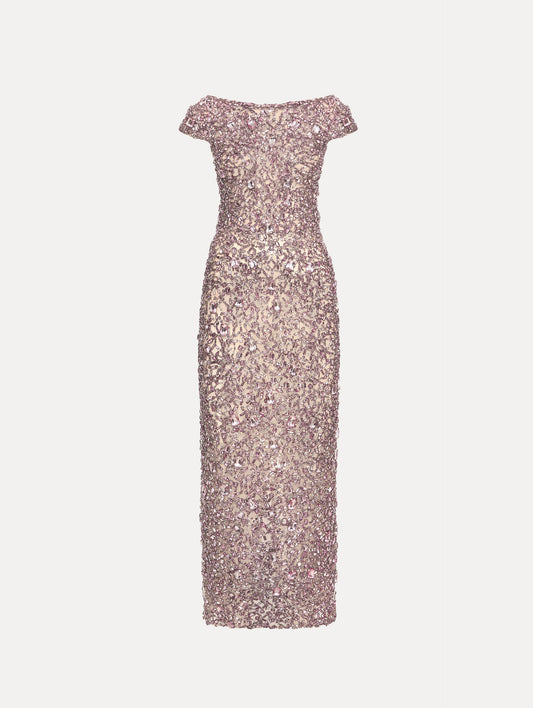 Beige Mosaic Crystal Embroidered Gown with a fitted silhouette and cap sleeves. Front View.