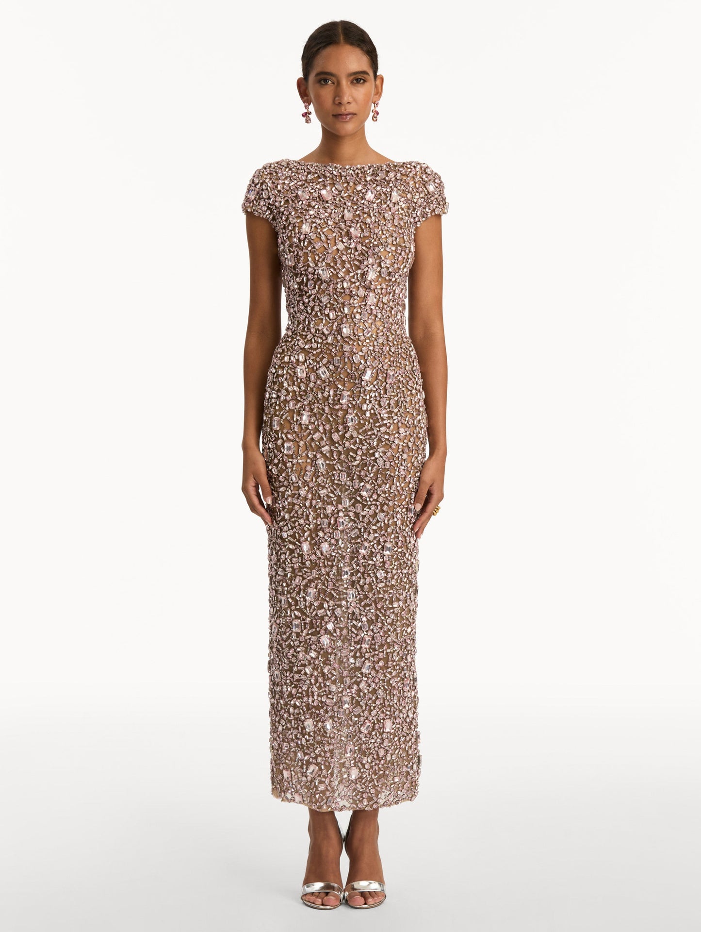 Beige Mosaic Crystal Embroidered Gown with a fitted silhouette and cap sleeves. Front View.