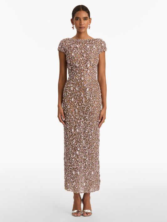 Beige Mosaic Crystal Embroidered Gown with a fitted silhouette and cap sleeves. Front View.