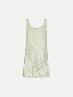 Sage Foxglove Embroidered Sequin Tulle Shift Dress with scoop neckline and floral applique. Front View.