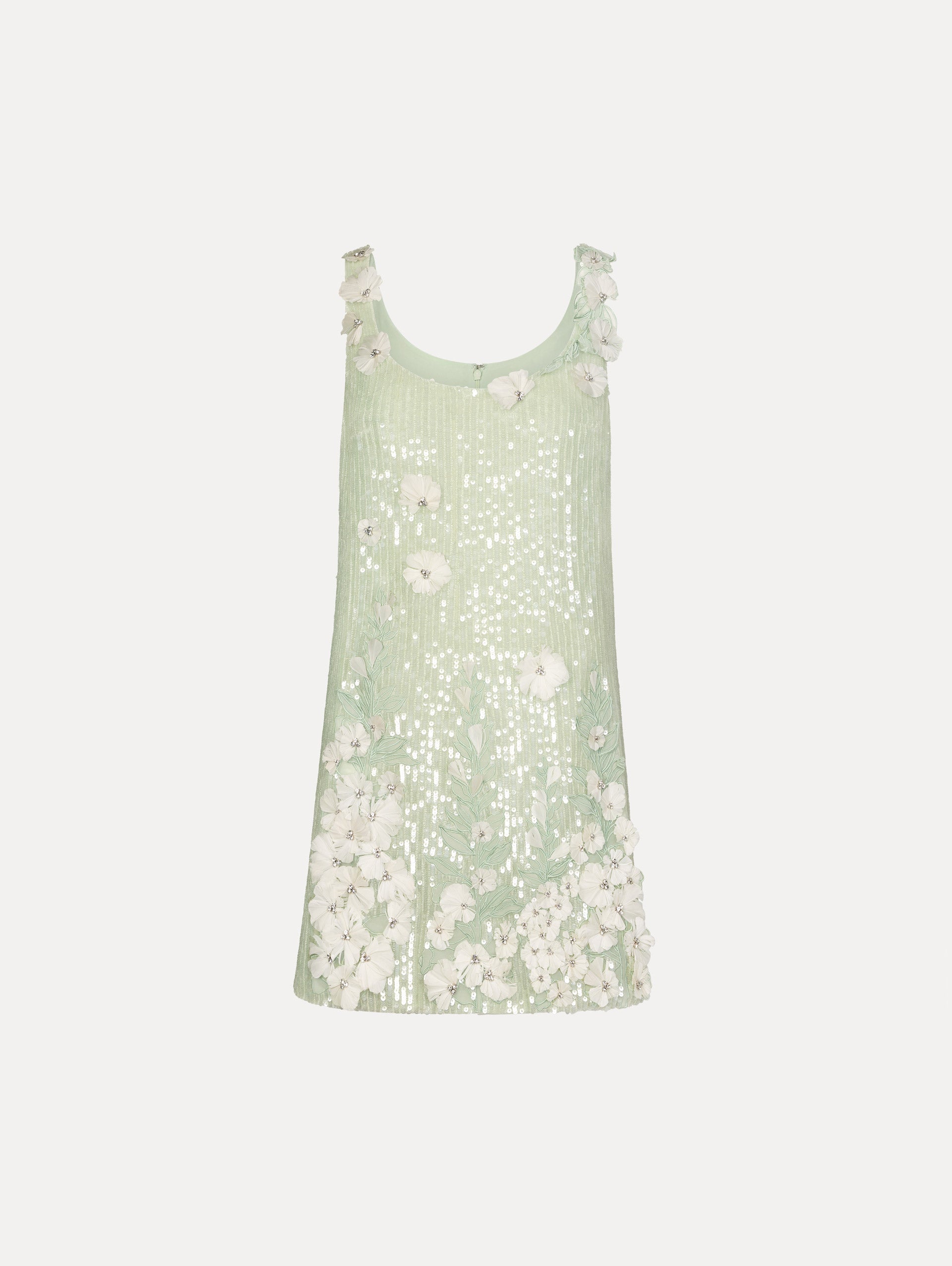 Sage Foxglove Embroidered Sequin Tulle Shift Dress with scoop neckline and floral applique. Front View.