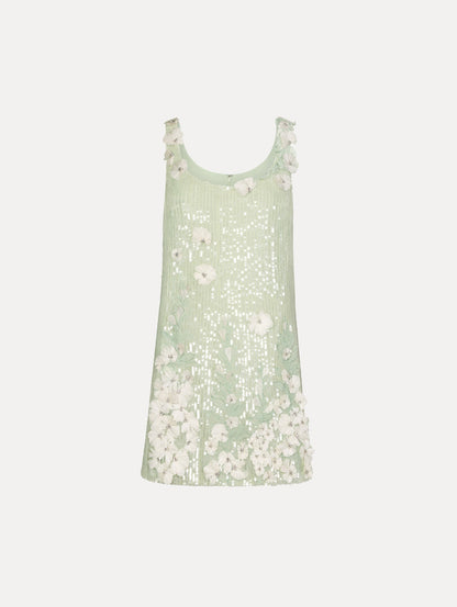 Sage Foxglove Embroidered Sequin Tulle Shift Dress with scoop neckline and floral applique. Front View.