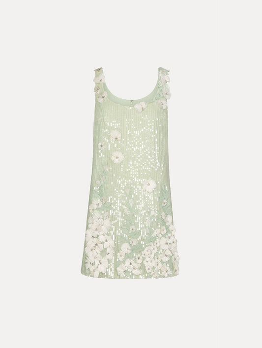 Sage Foxglove Embroidered Sequin Tulle Shift Dress with scoop neckline and floral applique. Front View.