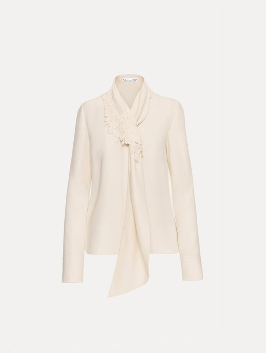 Ivory Foxglove Tie-Neck Georgette Blouse featuring a floral applique and long sleeves.