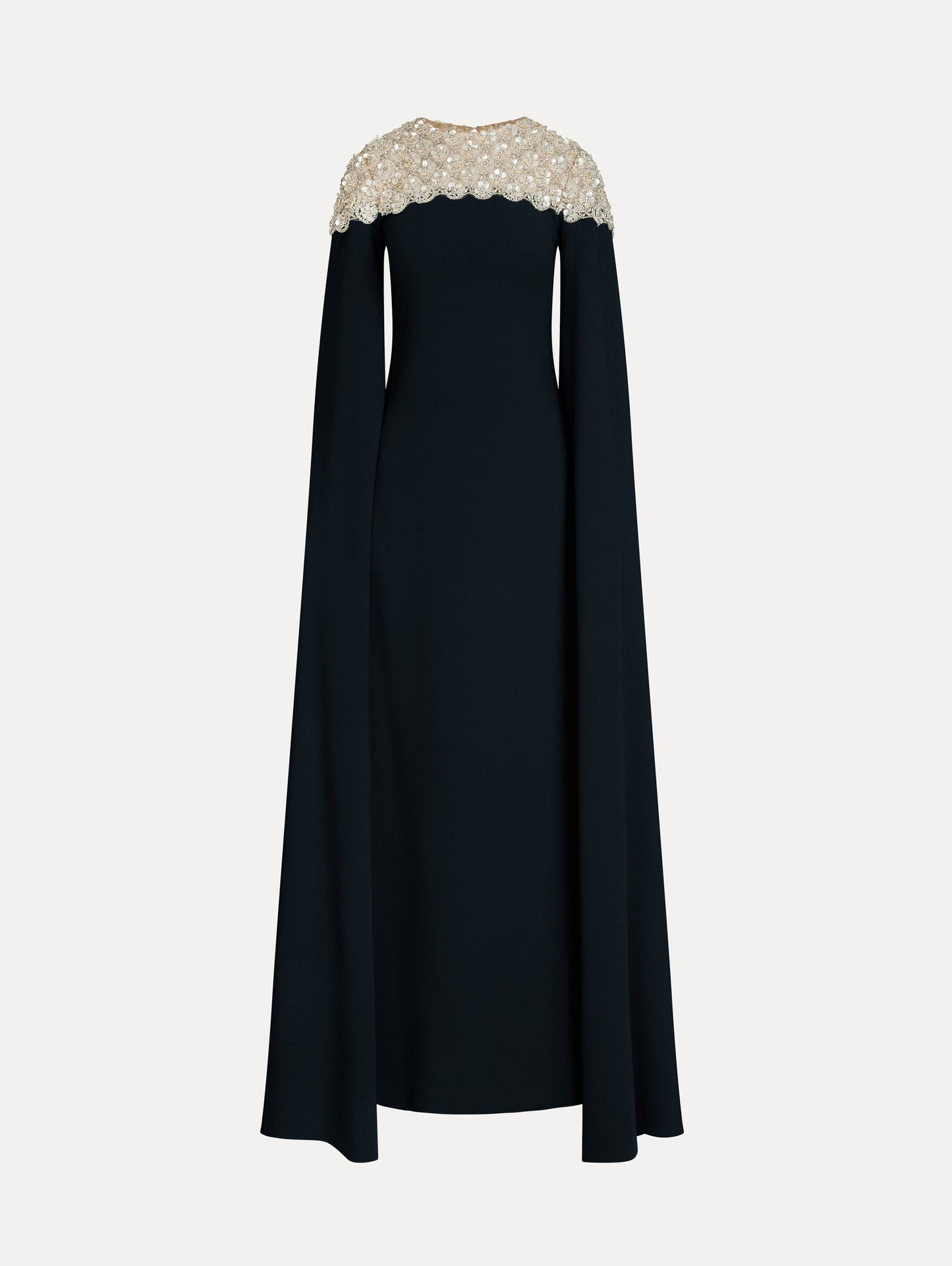 Navy Embroidered Caftan with ivory embroidered neckline and floor-length draped silhouette. Front View.