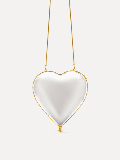 Pearl Heart Ballon Bag featuring a gold chain strap and metallic trim. Zoom View.
