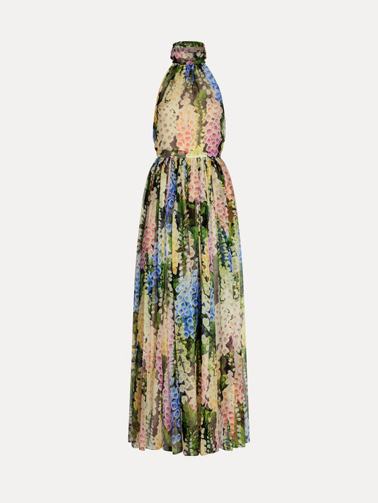 Floral Foxglove Chiffon Dress with high halter neck and pleated flowing chiffon skirt sinched at the waist. Front View.