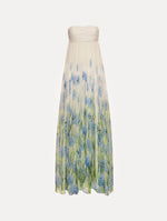 Ivory Degradé Allium Chiffon Gown featuring a ruched bodice and flowing pleated skirt with a blue allium floral gradient print.