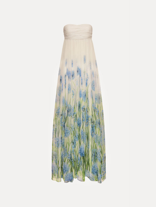 Ivory Degradé Allium Chiffon Gown featuring a ruched bodice and flowing pleated skirt with a blue allium floral gradient print.